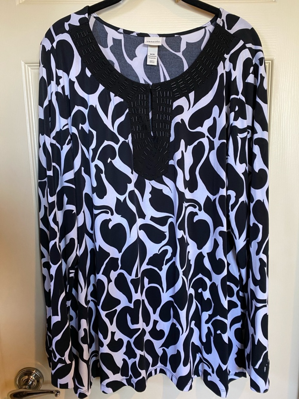 Venezia Black and White Abstract Print Top with Beaded Neckline